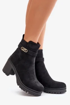 Hot Botki Damskie Na Słupku Eko Zamszowe Ocieplane Na Zamek Czarne Laonora Damskie Botki Na Słupku|Czarne Botki