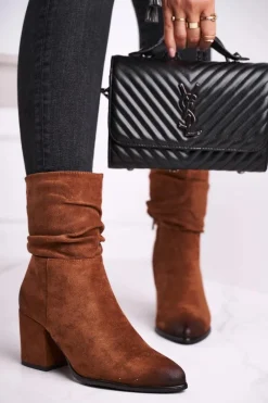 Hot Botki Damskie Na Słupku Eko-Zamsz Camel Up Side Damskie Botki Na Słupku|Czarne Botki