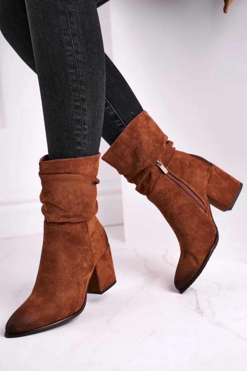 Hot Botki Damskie Na Słupku Eko-Zamsz Camel Up Side Damskie Botki Na Słupku|Czarne Botki