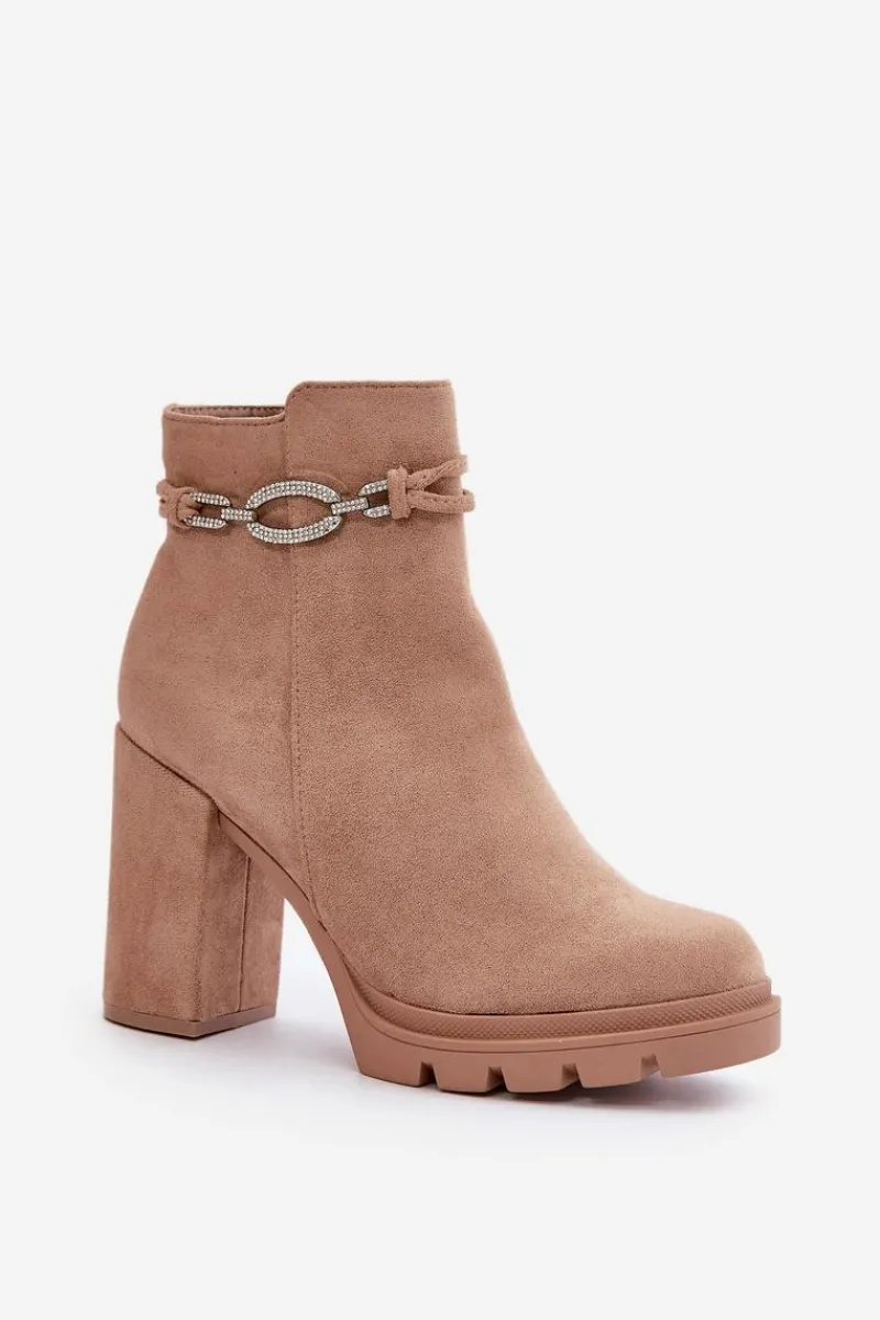 Outlet Boto Botki Damskie Na Słupku Eko Zamszowe Z Ozdobnym Paskiem Beżowe Maivone