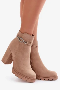 Outlet Boto Botki Damskie Na Słupku Eko Zamszowe Z Ozdobnym Paskiem Beżowe Maivone