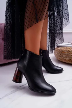 Botki Na Słupku|Botki Zimowe Damskie>Laura Messi Botki Damskie Na Słupku Skórzane Czarne 2056