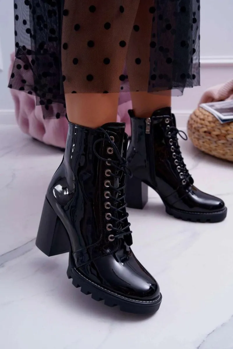 Botki Sznurowane|Botki Na Słupku>Boto Botki Damskie Na Słupku Lakierowane Czarne Insist