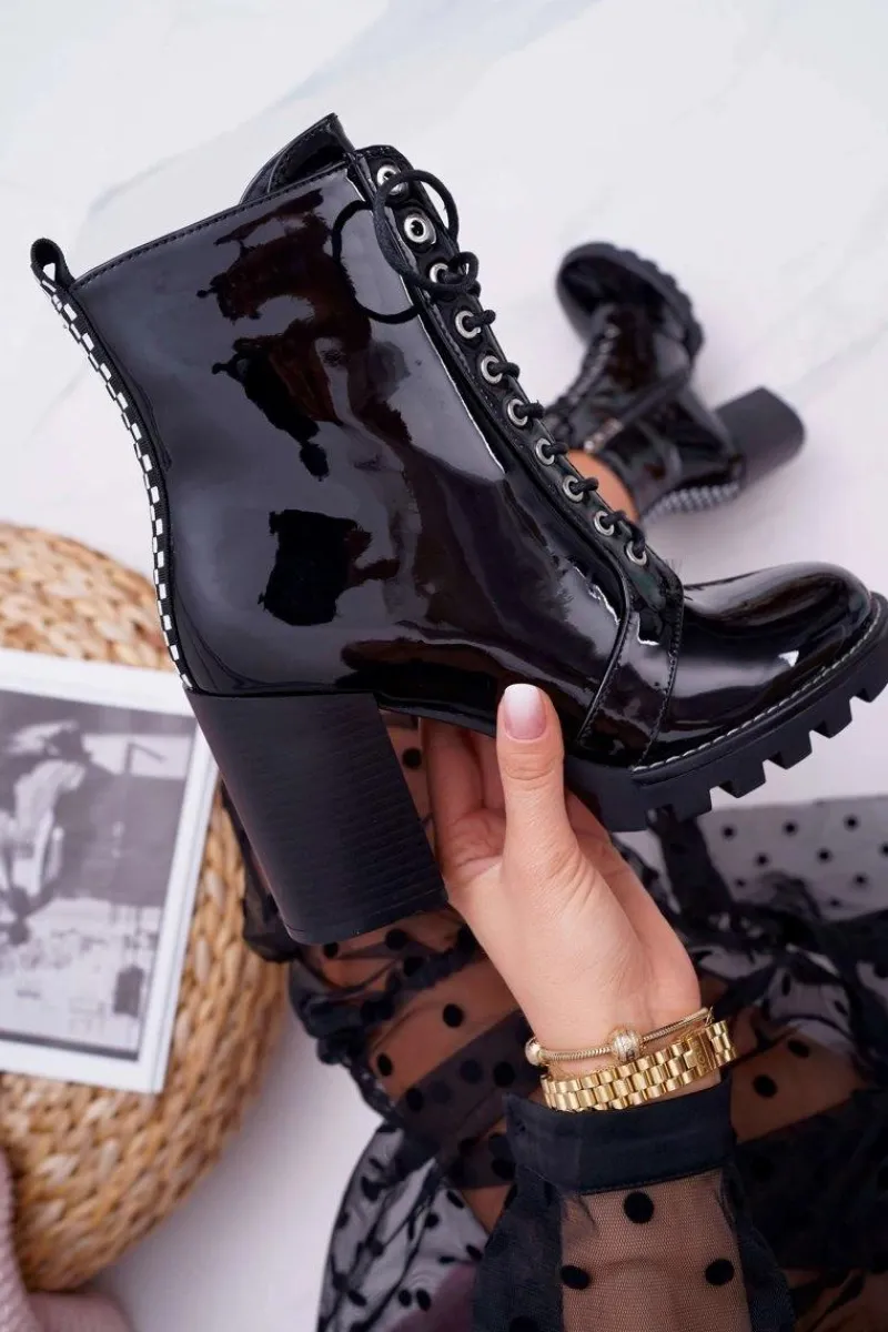 Botki Sznurowane|Botki Na Słupku>Boto Botki Damskie Na Słupku Lakierowane Czarne Insist