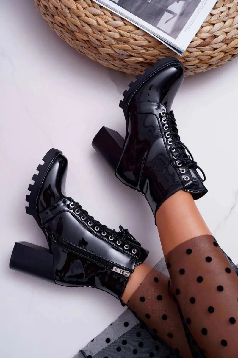 Botki Sznurowane|Botki Na Słupku>Boto Botki Damskie Na Słupku Lakierowane Czarne Insist