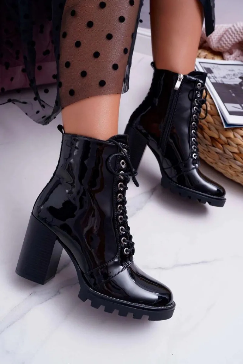 Botki Sznurowane|Botki Na Słupku>Boto Botki Damskie Na Słupku Lakierowane Czarne Insist