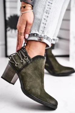 Discount Botki Damskie Na Słupku Wiosenne Skóra Oliwkowe 04812-24 Damskie Botki Wiosenne|Botki Maciejka