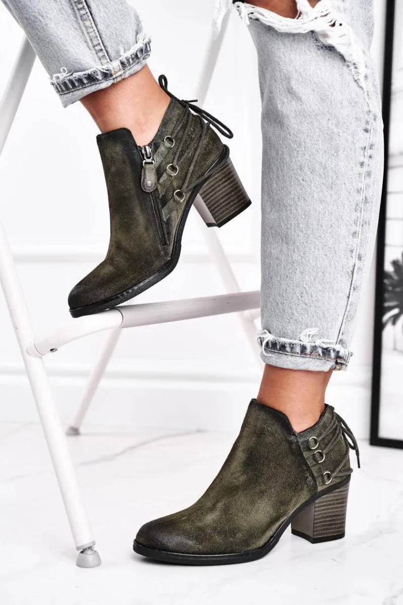 Discount Botki Damskie Na Słupku Wiosenne Skóra Oliwkowe 04812-24 Damskie Botki Wiosenne|Botki Maciejka