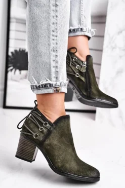 Discount Botki Damskie Na Słupku Wiosenne Skóra Oliwkowe 04812-24 Damskie Botki Wiosenne|Botki Maciejka