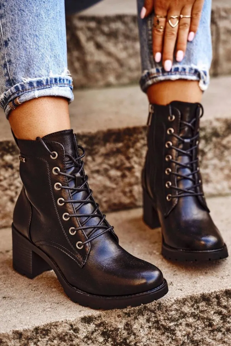 Outlet Botki Damskie Na Słupku Ocieplane Czarne Fiber Damskie Botki Sznurowane|Botki Na Słupku