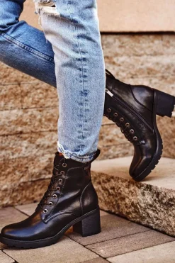 Outlet Botki Damskie Na Słupku Ocieplane Czarne Fiber Damskie Botki Sznurowane|Botki Na Słupku