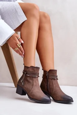 Best Botki Damskie Na Słupku Ocieplane Brązowe Lobina Damskie Botki Ocieplane|Botki Na Obcasie