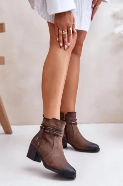 Best Botki Damskie Na Słupku Ocieplane Brązowe Lobina Damskie Botki Ocieplane|Botki Na Obcasie