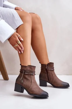 Best Botki Damskie Na Słupku Ocieplane Brązowe Lobina Damskie Botki Ocieplane|Botki Na Obcasie