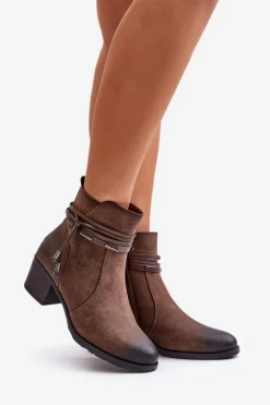 Best Botki Damskie Na Słupku Ocieplane Brązowe Lobina Damskie Botki Ocieplane|Botki Na Obcasie