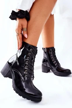 Online Botki Damskie Na Słupku Ocieplane Lakierowane Czarne Dunaff Damskie Botki Sznurowane|Botki Na Słupku