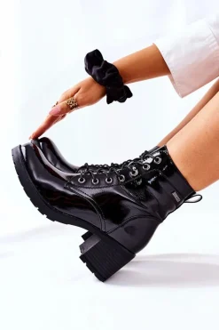 Online Botki Damskie Na Słupku Ocieplane Lakierowane Czarne Dunaff Damskie Botki Sznurowane|Botki Na Słupku