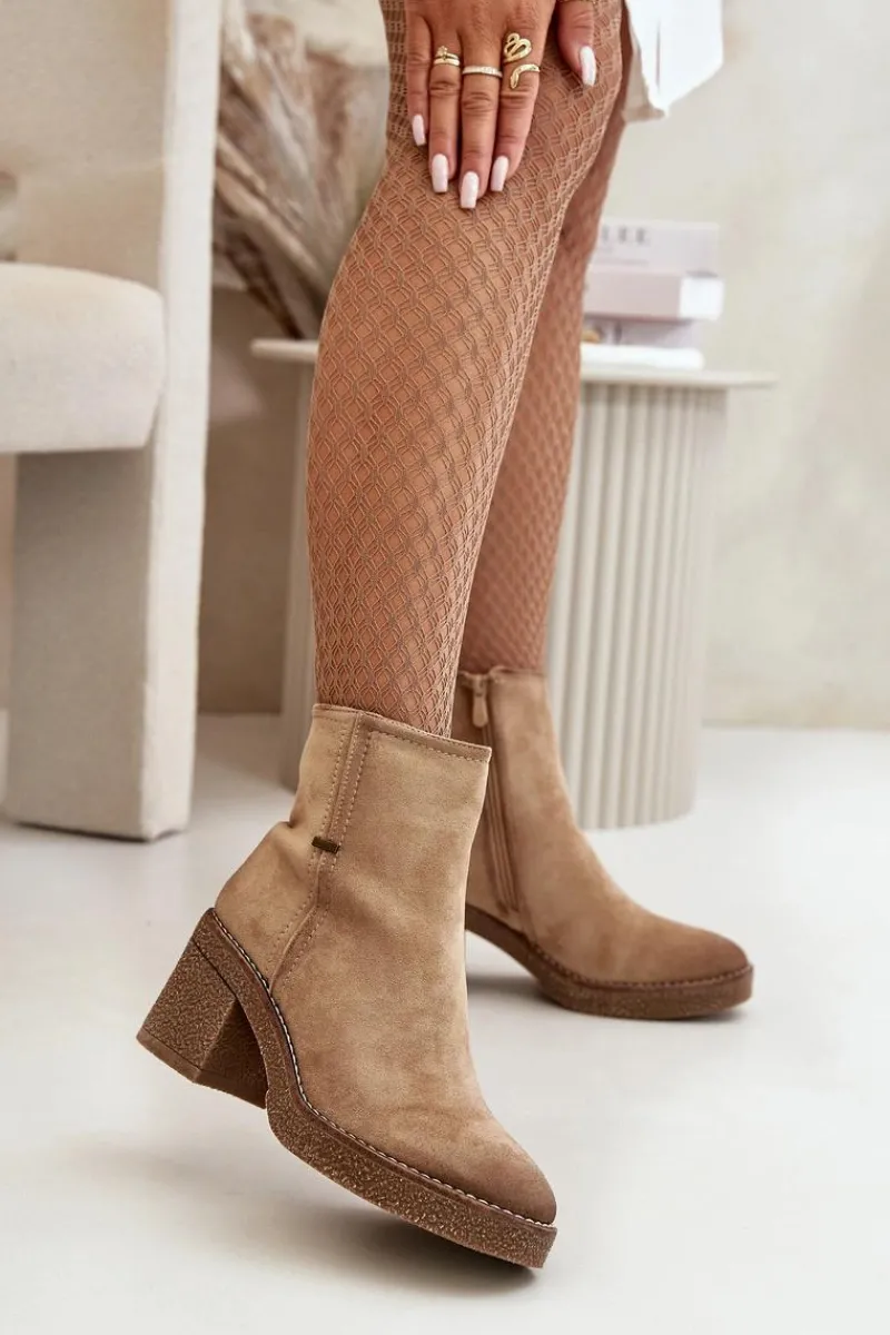 New Boto Botki Damskie Na Słupku Ocieplane Eko Zamszowe Beżowe Arkesia Beżowy