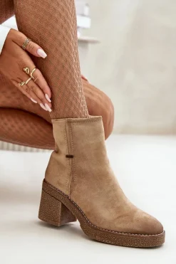 New Boto Botki Damskie Na Słupku Ocieplane Eko Zamszowe Beżowe Arkesia Beżowy