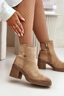 New Boto Botki Damskie Na Słupku Ocieplane Eko Zamszowe Beżowe Arkesia Beżowy
