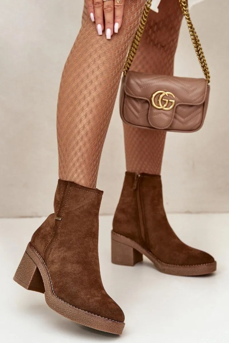 Online Boto Botki Damskie Na Słupku Ocieplane Eko Zamszowe Brązowe Arkesia