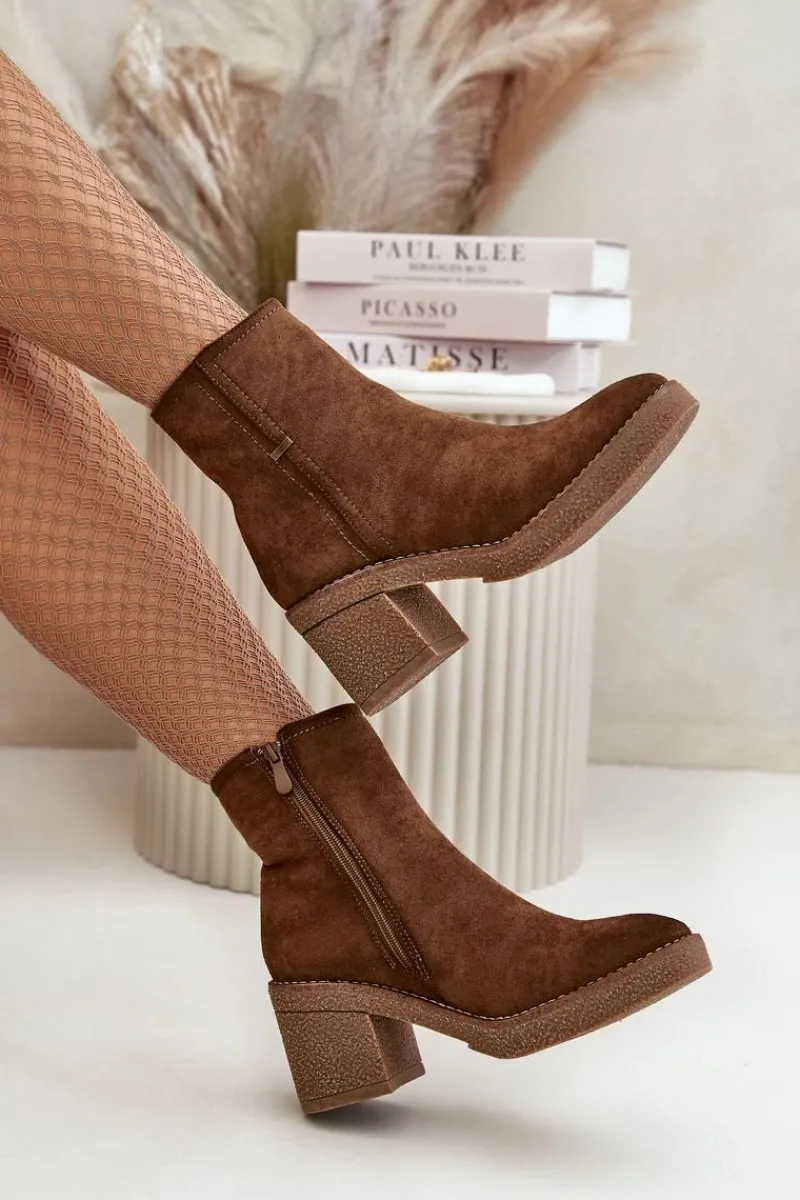 Online Boto Botki Damskie Na Słupku Ocieplane Eko Zamszowe Brązowe Arkesia