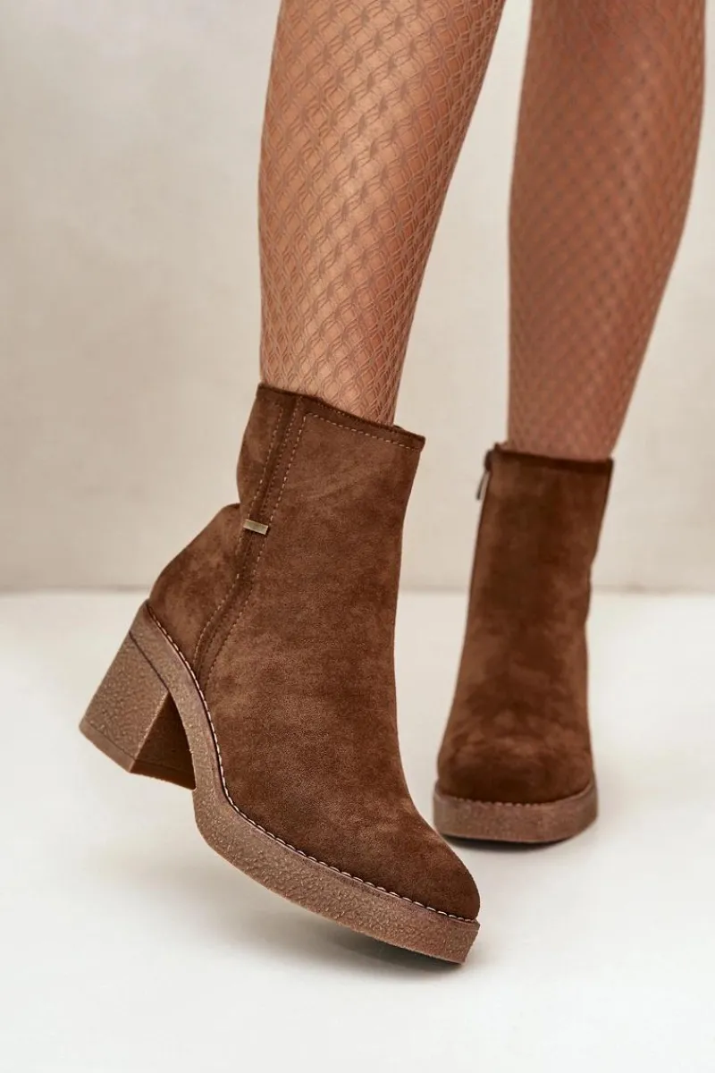 Online Boto Botki Damskie Na Słupku Ocieplane Eko Zamszowe Brązowe Arkesia