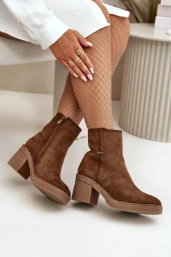 Online Boto Botki Damskie Na Słupku Ocieplane Eko Zamszowe Brązowe Arkesia