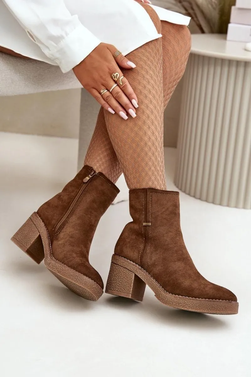 Online Boto Botki Damskie Na Słupku Ocieplane Eko Zamszowe Brązowe Arkesia