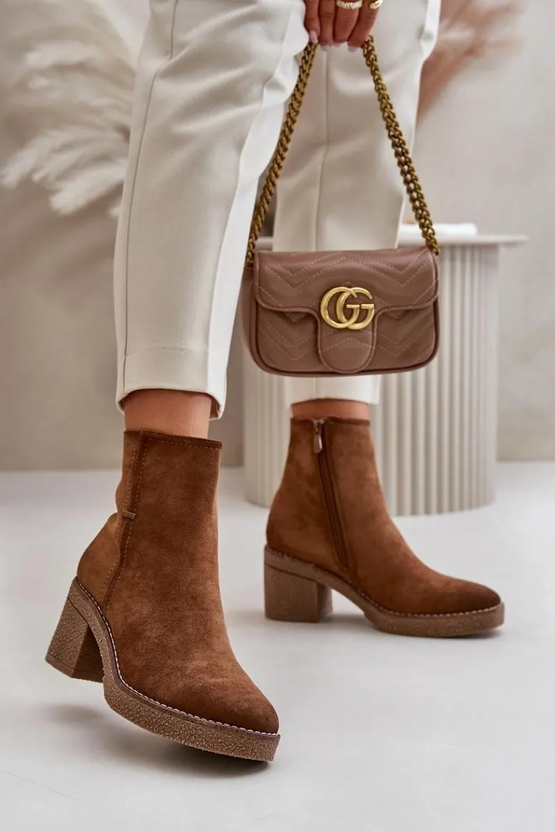 New Botki Damskie Na Słupku Ocieplane Eko Zamszowe Khaki Arkesia Damskie Brązowe I Beżowe Botki|Botki Na Obcasie