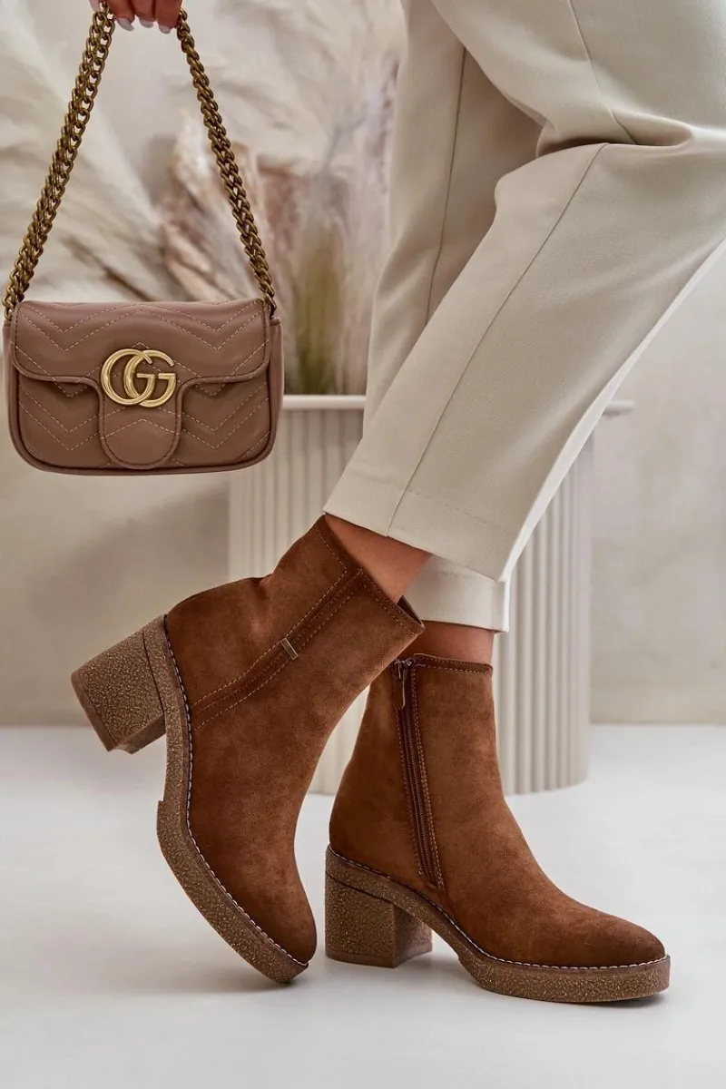 New Botki Damskie Na Słupku Ocieplane Eko Zamszowe Khaki Arkesia Damskie Brązowe I Beżowe Botki|Botki Na Obcasie