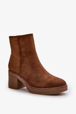 New Botki Damskie Na Słupku Ocieplane Eko Zamszowe Khaki Arkesia Damskie Brązowe I Beżowe Botki|Botki Na Obcasie