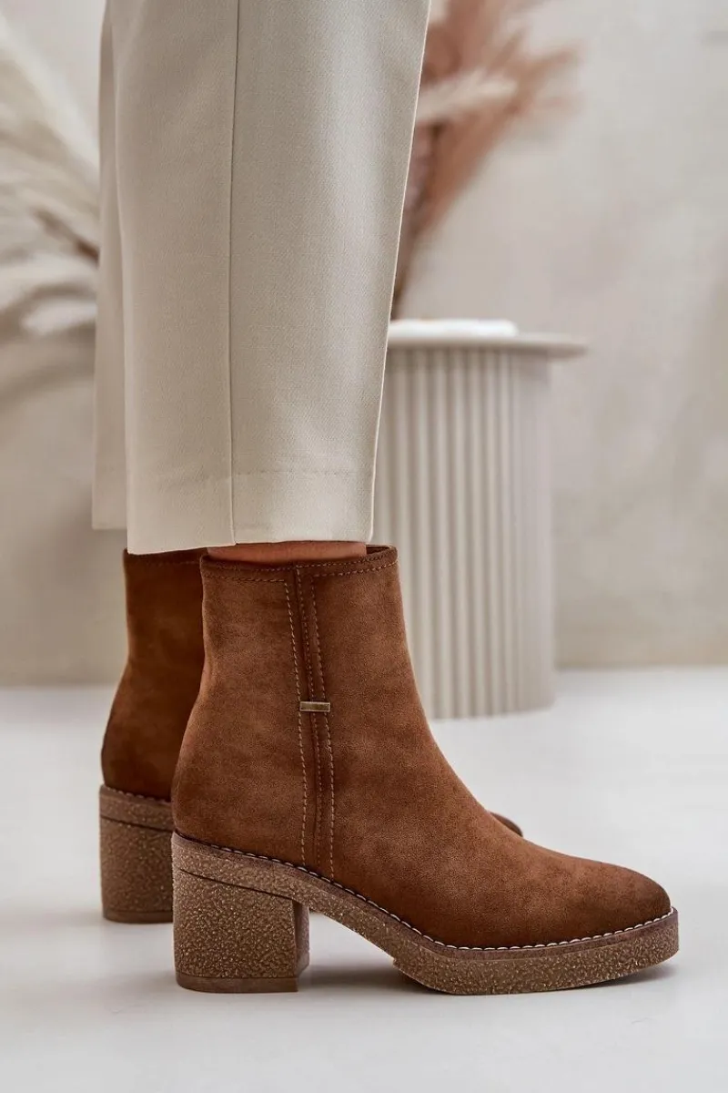 New Botki Damskie Na Słupku Ocieplane Eko Zamszowe Khaki Arkesia Damskie Brązowe I Beżowe Botki|Botki Na Obcasie