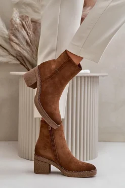 New Botki Damskie Na Słupku Ocieplane Eko Zamszowe Khaki Arkesia Damskie Brązowe I Beżowe Botki|Botki Na Obcasie