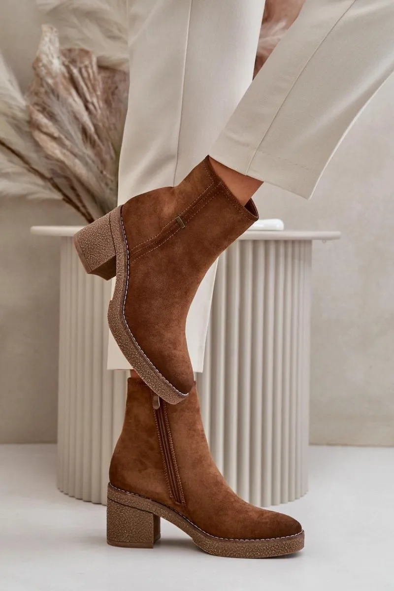 New Botki Damskie Na Słupku Ocieplane Eko Zamszowe Khaki Arkesia Damskie Brązowe I Beżowe Botki|Botki Na Obcasie