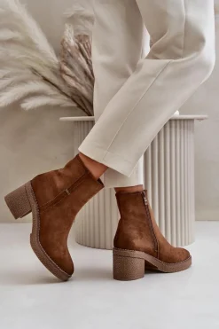 New Botki Damskie Na Słupku Ocieplane Eko Zamszowe Khaki Arkesia Damskie Brązowe I Beżowe Botki|Botki Na Obcasie