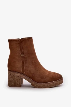 New Botki Damskie Na Słupku Ocieplane Eko Zamszowe Khaki Arkesia Damskie Brązowe I Beżowe Botki|Botki Na Obcasie