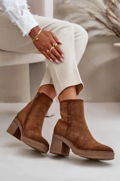 New Botki Damskie Na Słupku Ocieplane Eko Zamszowe Khaki Arkesia Damskie Brązowe I Beżowe Botki|Botki Na Obcasie