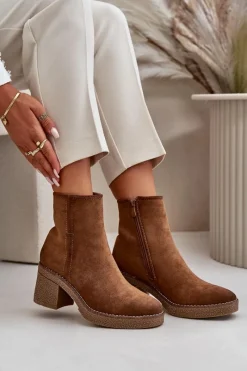 New Botki Damskie Na Słupku Ocieplane Eko Zamszowe Khaki Arkesia Damskie Brązowe I Beżowe Botki|Botki Na Obcasie