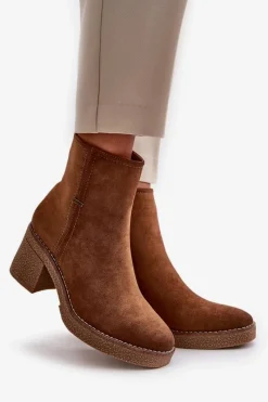 New Botki Damskie Na Słupku Ocieplane Eko Zamszowe Khaki Arkesia Damskie Brązowe I Beżowe Botki|Botki Na Obcasie