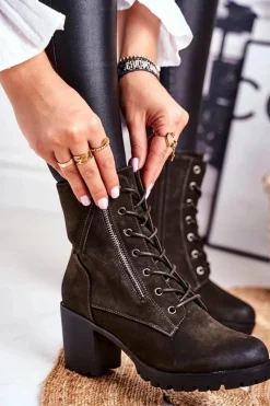 Sale Botki Damskie Na Słupku Ocieplane Khaki Vimen Damskie Botki Sznurowane|Botki Na Słupku