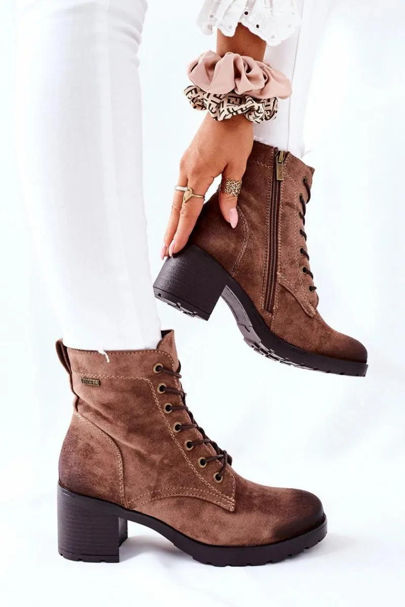 Outlet Buty damskie Vinceza Botki Damskie Na Słupku Ocieplane Zamszowe Beżowe Dunaff