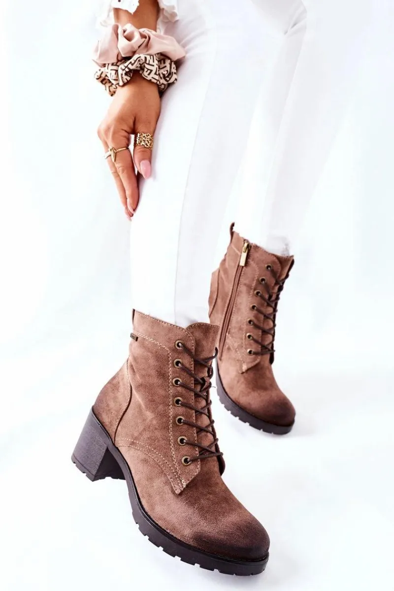 Outlet Buty damskie Vinceza Botki Damskie Na Słupku Ocieplane Zamszowe Beżowe Dunaff