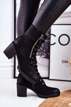 New Damskie buty S.Barski Botki Damskie Na Słupku Ocieplane Czarne Vimen