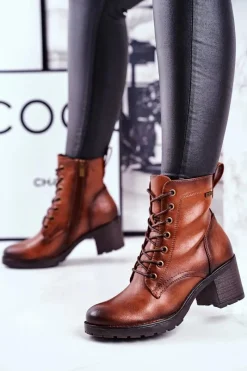 Botki Sznurowane|Botki Na Słupku>Buty damskie Vinceza Botki Damskie Na Słupku Ocieplane Brązowe Fiber