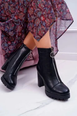 Best Botki Damskie Na Słupku Ozdobny Suwak Czarne Senuto Damskie Botki Na Słupku|Botki Zimowe Damskie