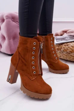 Best Botki Damskie Na Słupku Ozdobny Suwak Zamsz Camel Imagine Damskie Botki Na Słupku|Botki Zimowe Damskie