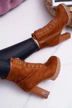 Best Botki Damskie Na Słupku Ozdobny Suwak Zamsz Camel Imagine Damskie Botki Na Słupku|Botki Zimowe Damskie