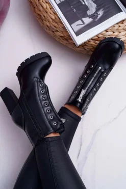 New Boto Botki Damskie Na Słupku Ozdobny Suwak Czarne Imagine