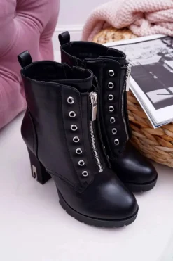 New Boto Botki Damskie Na Słupku Ozdobny Suwak Czarne Imagine
